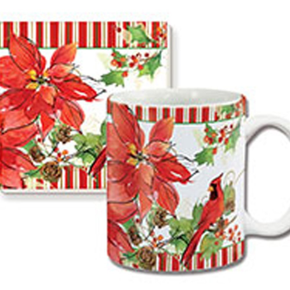 CounterArt Mug and Coaster Set, Joyous Poinsettia, Poinsettia and Cardinal